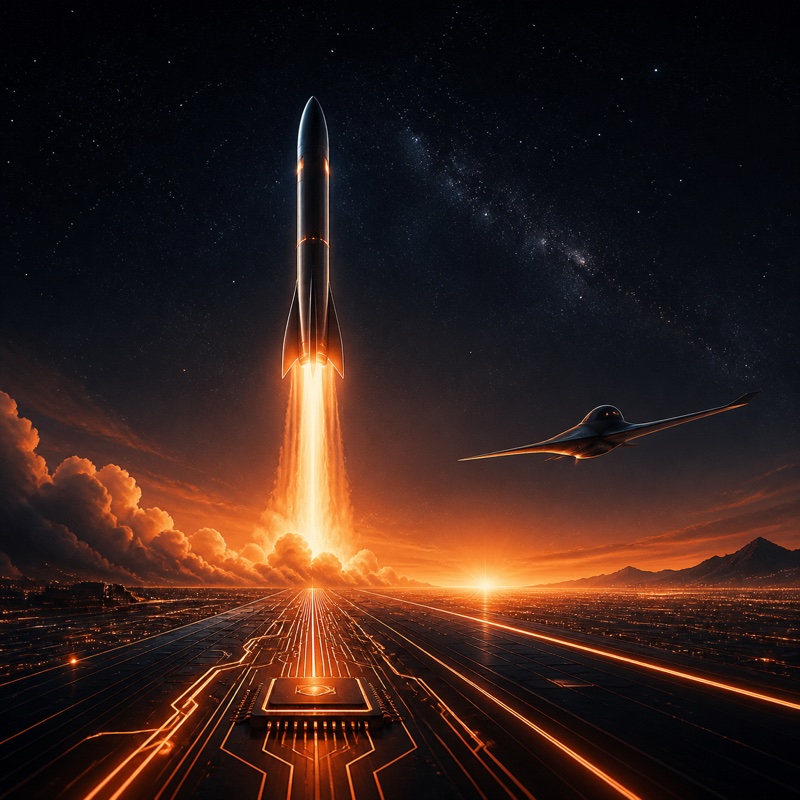 A rocket launching above a glowing frontier-technology landscape